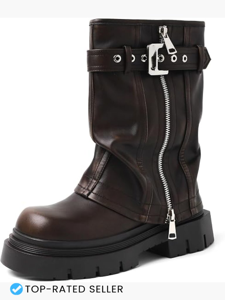 Vintage Fold Over Biker Mid Calf Boots Chunky Heel Square Toe Platform Combat